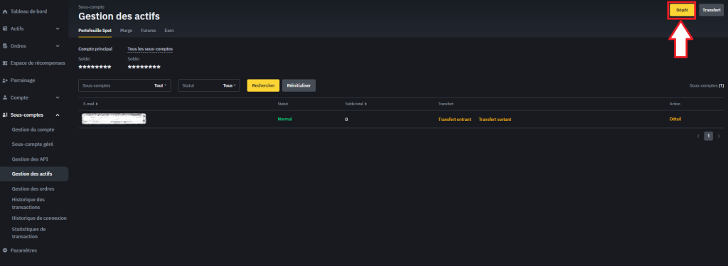 Dépôt vers sous compte Binance