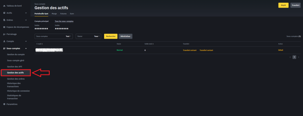 Gestion actifs sous compte binance