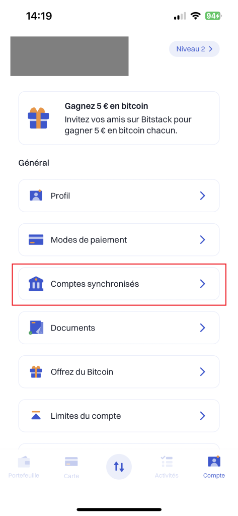 Synchroniser compte bancaire à Bitstack